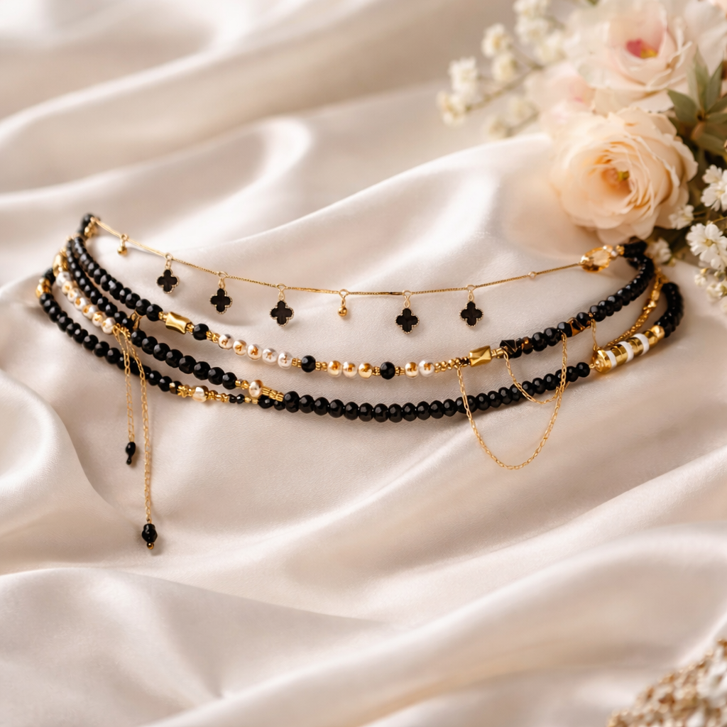 Le Baya Nuit Royal–Bijou de Taille 3 Rangs Perles & Chaînes Dorées