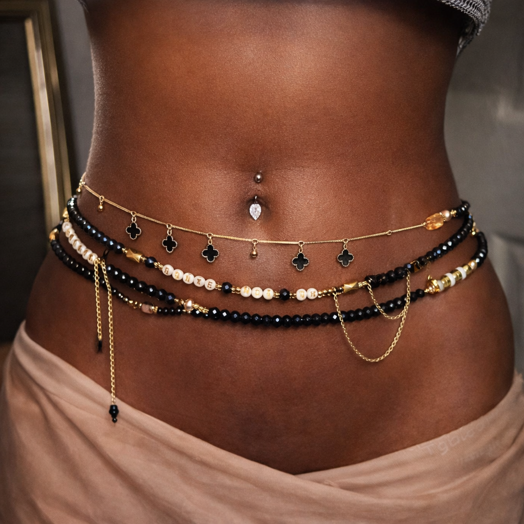 Le Baya Nuit Royal–Bijou de Taille 3 Rangs Perles & Chaînes Dorées